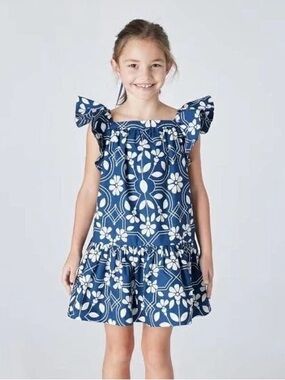 Jacadi Navy Blue Floral Ruffle-Sleeve Dress. Size 4